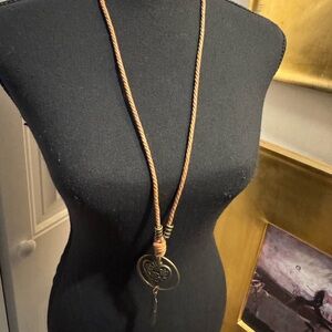 Boho Brown Leather Cord Necklace with Antique Gold Pendant